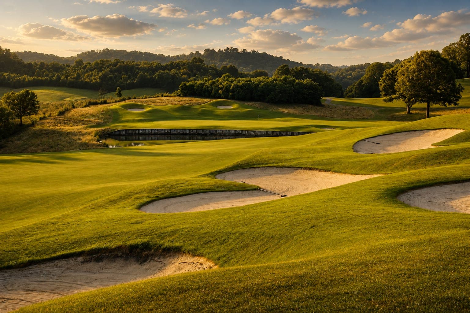 A putt drops on a Graysburg Hills green in low evening light