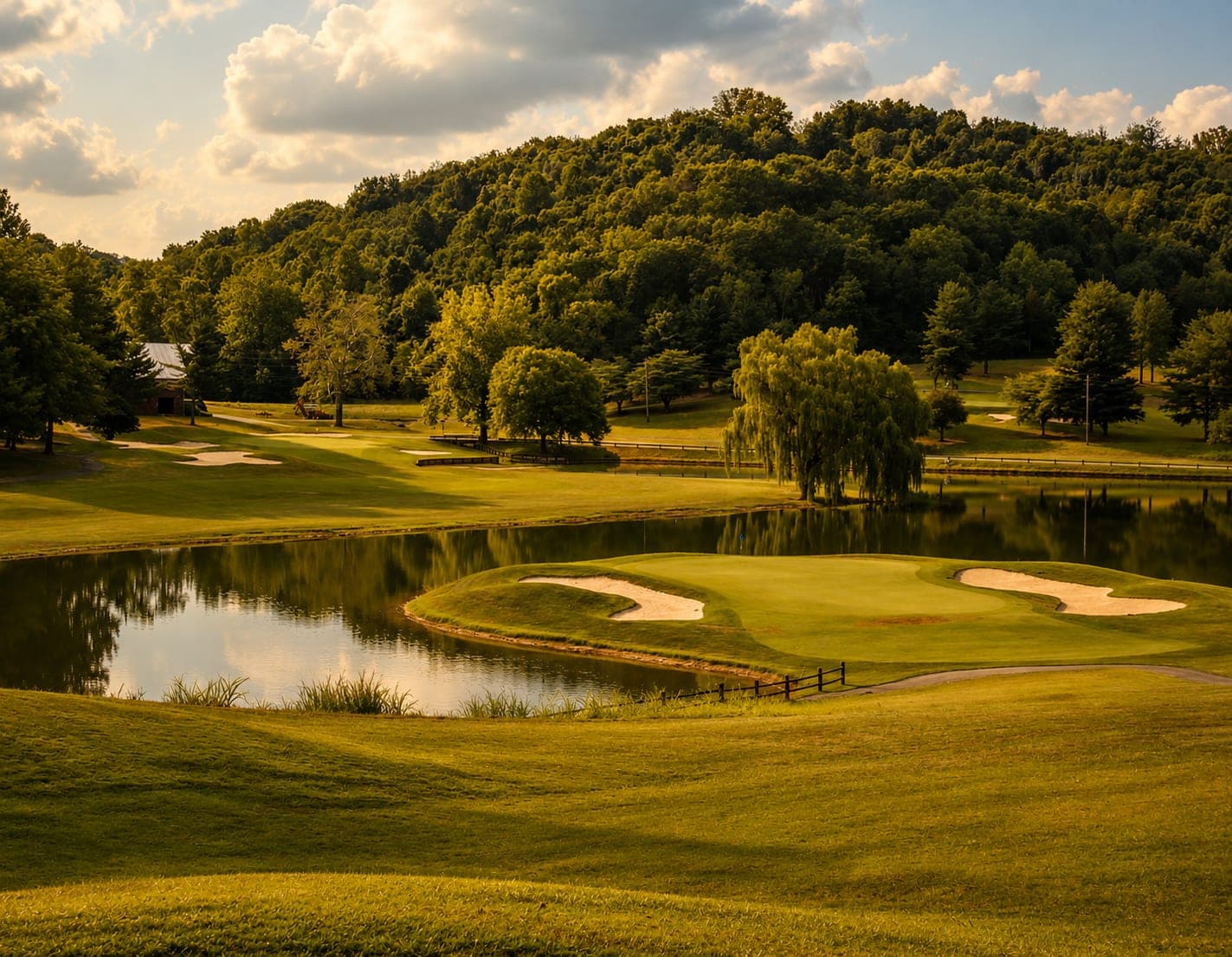 Graysburg Hills fairways winding through the Tennessee foothills at dusk